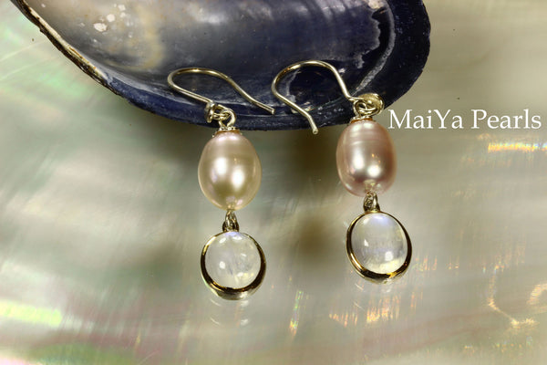 Earrings - Oval Moonstone & Waterdrop Purple FW Pearl