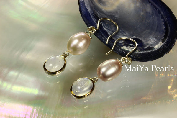 Earrings - Oval Moonstone & Waterdrop Purple FW Pearl