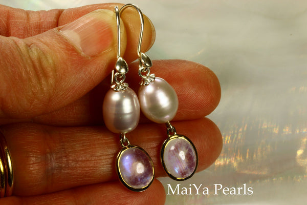 Earrings - Oval Moonstone & Waterdrop Purple FW Pearl