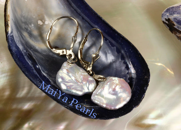 Earrings - Free Form All Nacre High Lustre Keshi Pearl White Freshwater