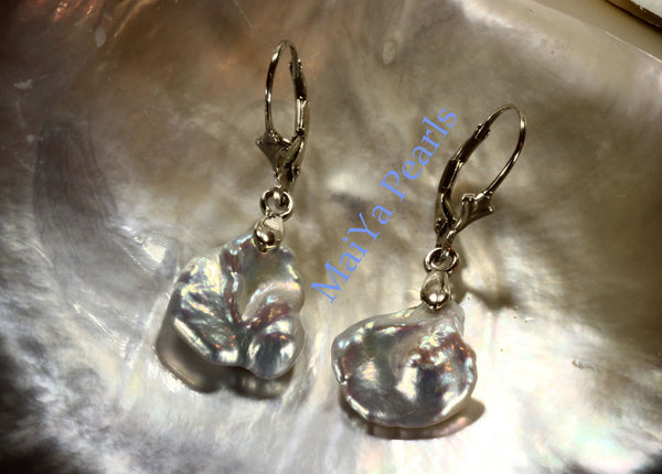 Earrings - Free Form All Nacre High Lustre Keshi Pearl White Freshwater