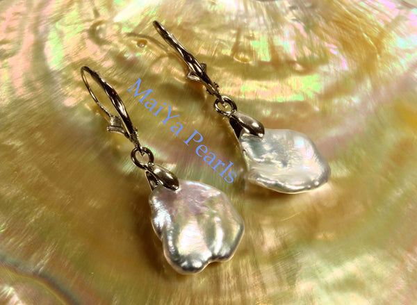 Earrings - Free Form All Nacre High Lustre Keshi Pearl White Freshwater