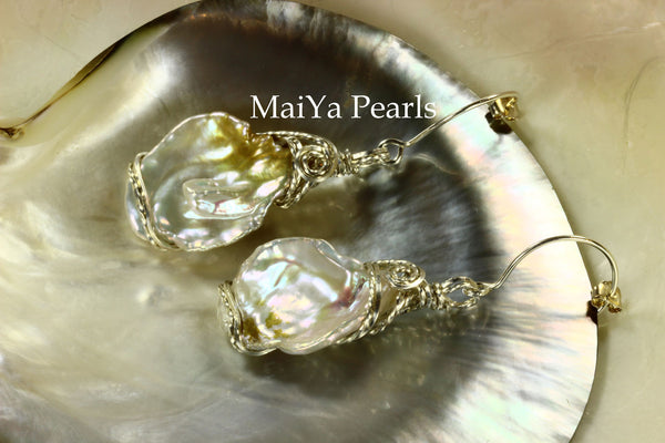 Earrings - Wire Sculpted Rare Bi-color Large Keshi Pearls