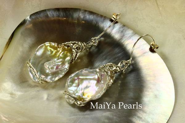 Earrings - Wire Sculpted Rare Bi-color Large Keshi Pearls