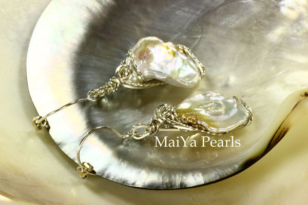 Earrings - Wire Sculpted Rare Bi-color Large Keshi Pearls