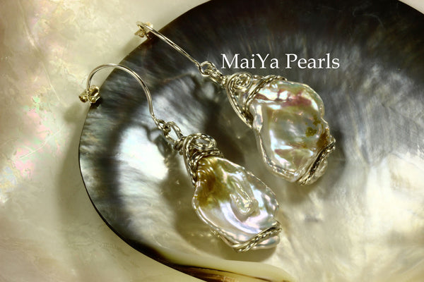 Earrings - Wire Sculpted Rare Bi-color Large Keshi Pearls