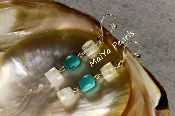 Earrings - Square Faceted Moonstone & Square Turquoise Natural Blue