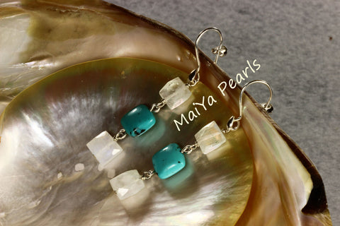 Earrings - Square Faceted Moonstone & Square Turquoise Natural Blue