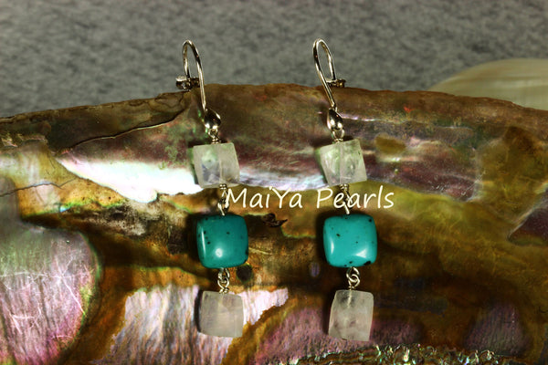 Earrings - Square Faceted Moonstone & Square Turquoise Natural Blue