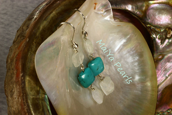 Earrings - Square Faceted Moonstone & Square Turquoise Natural Blue