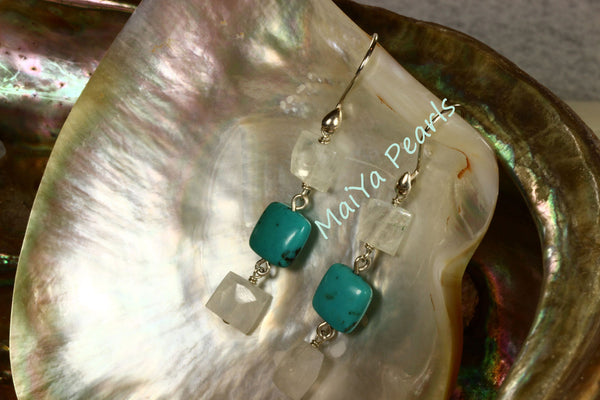 Earrings - Square Faceted Moonstone & Square Turquoise Natural Blue