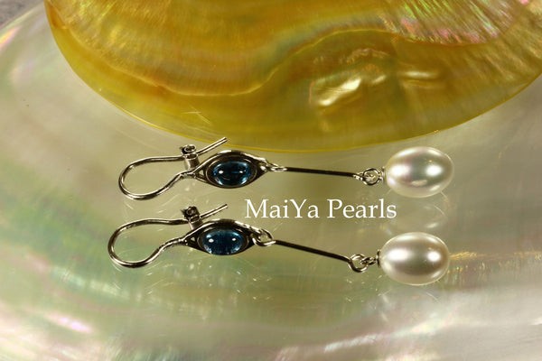 Earrings - Swiss Blue Topaz & Waterdrop White Pearls