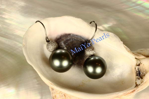 Earrings - AAA Tahiti Black Pearl & 14k White Gold Star Dust Beads