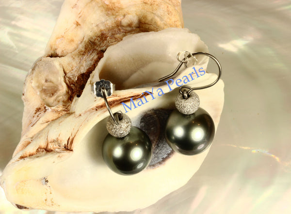 Earrings - AAA Tahiti Black Pearl & 14k White Gold Star Dust Beads