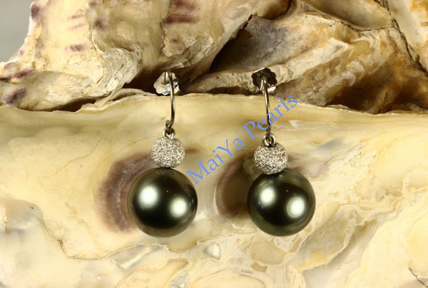 Earrings - AAA Tahiti Black Pearl & 14k White Gold Star Dust Beads