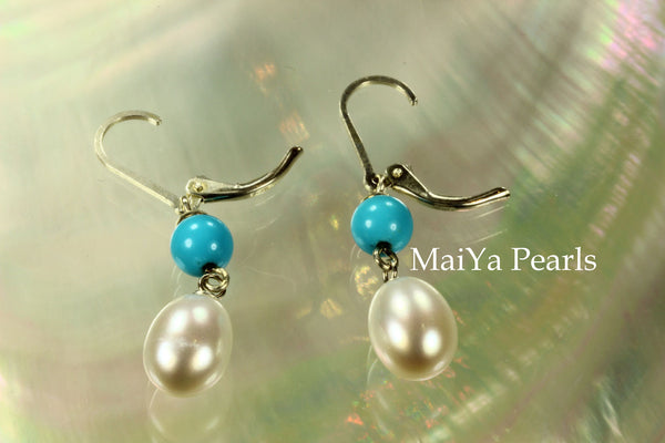 Earrings - Sleep Beauty Turquoise & Waterdrop White Pearls FW