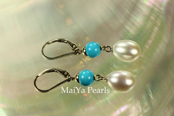 Earrings - Sleep Beauty Turquoise & Waterdrop White Pearls FW