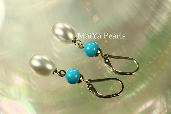Earrings - Sleep Beauty Turquoise & Waterdrop White Pearls FW
