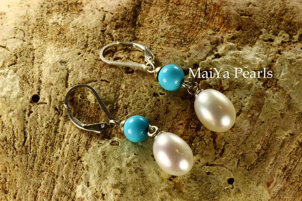 Earrings - Sleep Beauty Turquoise & Waterdrop White Pearls FW