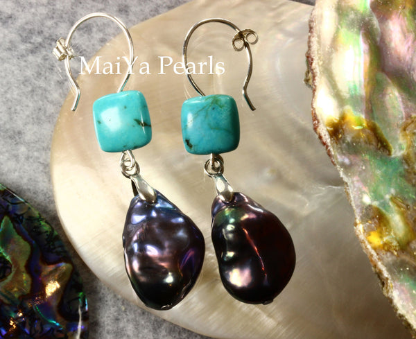 Earrings - Large Baroque Navy Blue Pearl FW & Square Natural Turquoise