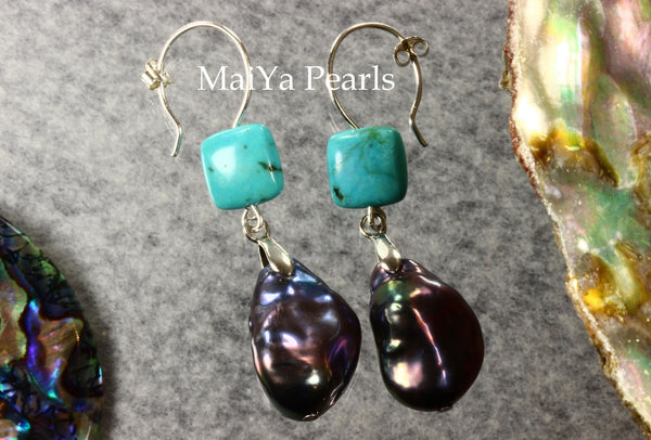 Earrings - Large Baroque Navy Blue Pearl FW & Square Natural Turquoise