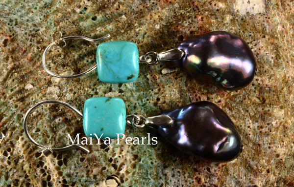 Earrings - Large Baroque Navy Blue Pearl FW & Square Natural Turquoise