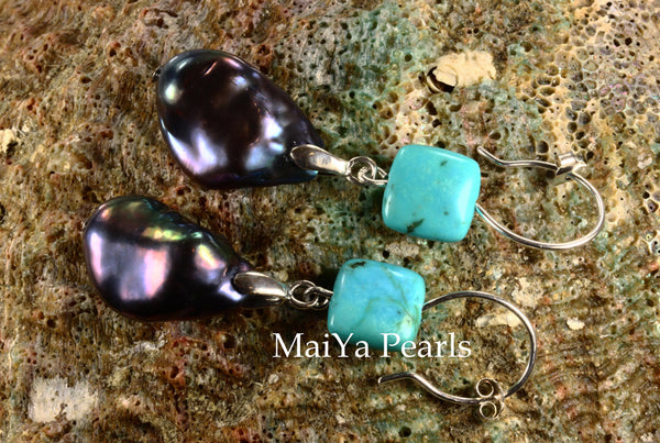 Earrings - Large Baroque Navy Blue Pearl FW & Square Natural Turquoise