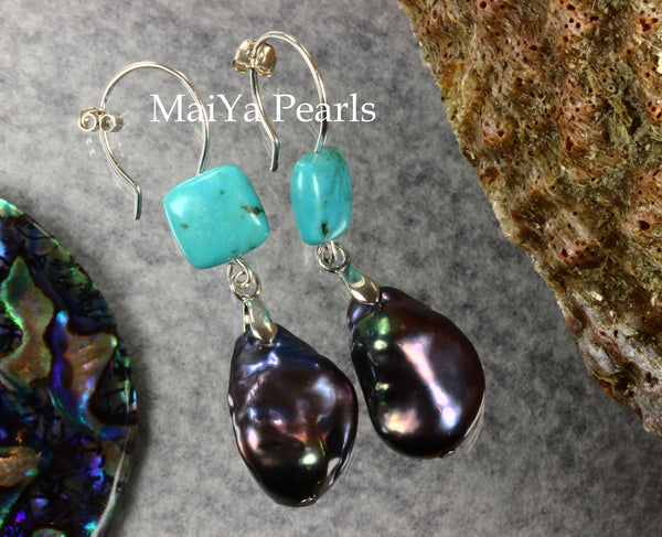 Earrings - Large Baroque Navy Blue Pearl FW & Square Natural Turquoise