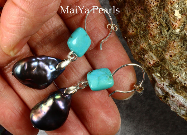 Earrings - Large Baroque Navy Blue Pearl FW & Square Natural Turquoise
