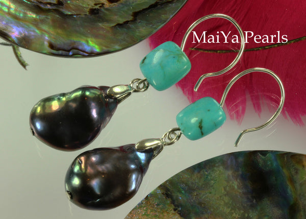 Earrings - Large Baroque Navy Blue Pearl FW & Square Natural Turquoise