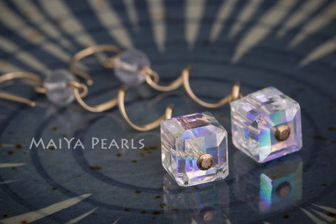 Earrings - 14K Gold Filled Wire, Natural Quartz Crystal, & Swarovski Crystal Cubes