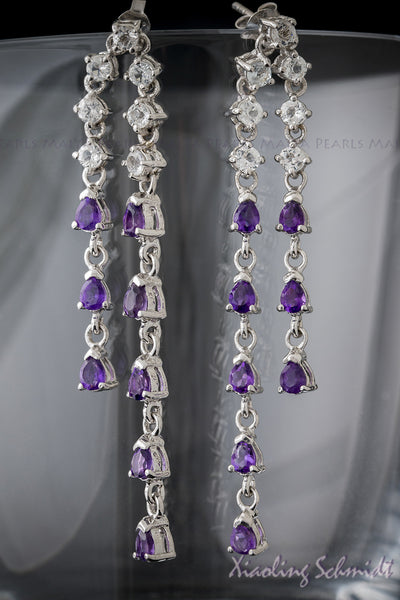 Earrings - Dangling Amethyst and White Topaz inset in 925 Sterling Silver