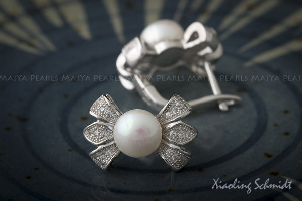 Stud Earrings - AA+ Round Pearls with Cubic Zirconium Settings