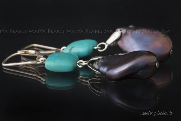 Earrings - Large Freshwater Keshi dyed black Pearl with Turquoise Squares