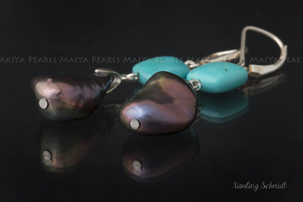 Earrings - Large Freshwater Keshi dyed black Pearl with Turquoise Squares