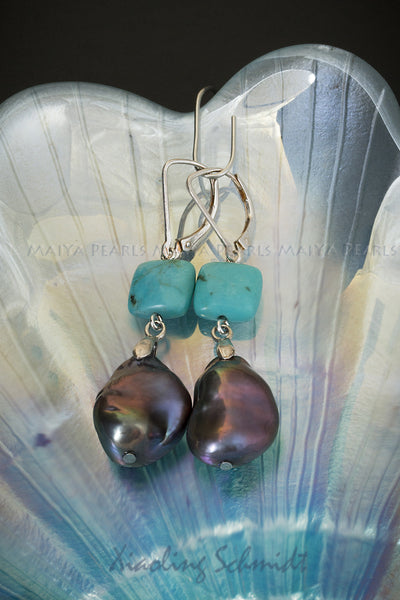 Earrings - Large Freshwater Keshi dyed black Pearl with Turquoise Squares