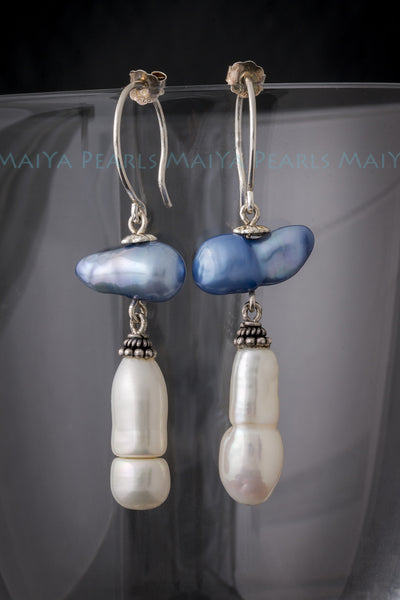 Earrings - Baroque Dyed Blue and White Pearls with 925 Sterling Silver Settings