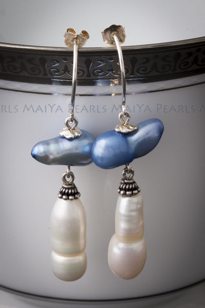 Earrings - Baroque Dyed Blue and White Pearls with 925 Sterling Silver Settings