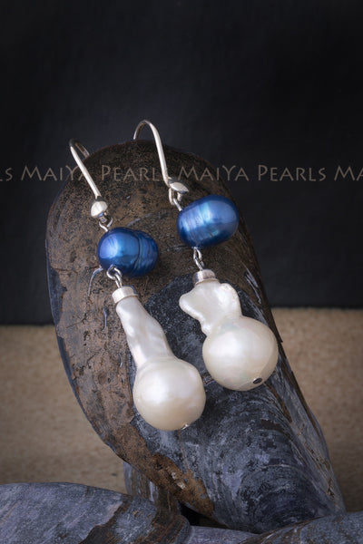 Earrings - Unique White Baroque Fishtail and Blue Circlé Pearls & 925 Sterling Silver Fishhook Clasps