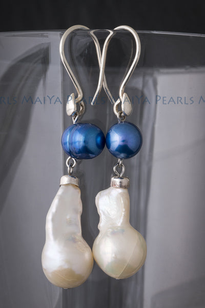 Earrings - Unique White Baroque Fishtail and Blue Circlé Pearls & 925 Sterling Silver Fishhook Clasps