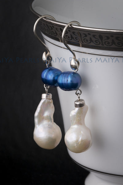 Earrings - Unique White Baroque Fishtail and Blue Circlé Pearls & 925 Sterling Silver Fishhook Clasps