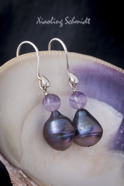 Earrings - Large Teardrop Baroque Pearl (Black & Purple) with Amethyst