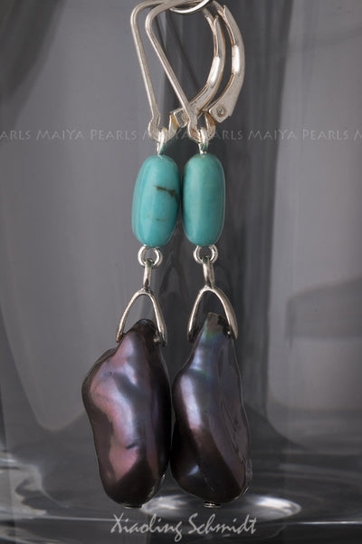 Earrings - Large Freshwater Keshi dyed black Pearl with Turquoise Squares