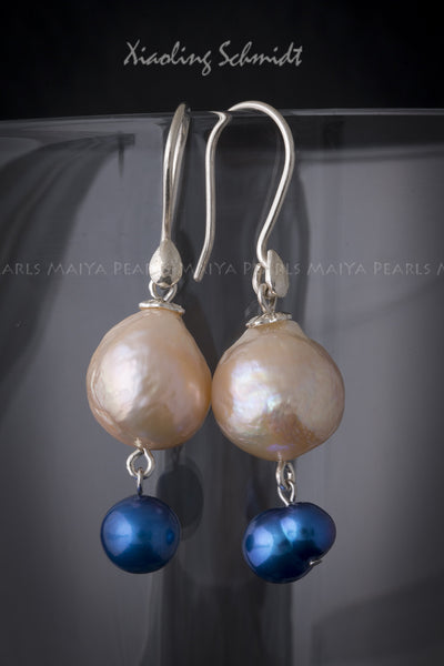 Earrings - Large AAA Peach Freshwater Pearl and Dyed Blue Pearl