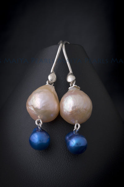 Earrings - Large AAA Peach Freshwater Pearl and Dyed Blue Pearl