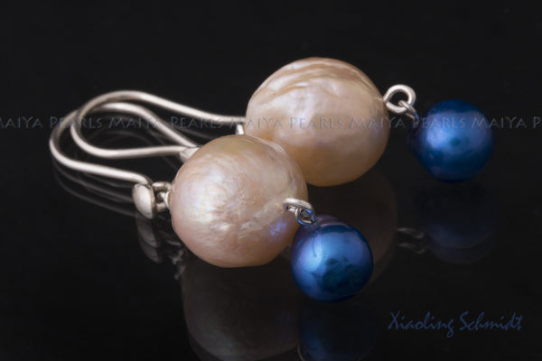 Earrings - Large AAA Peach Freshwater Pearl and Dyed Blue Pearl