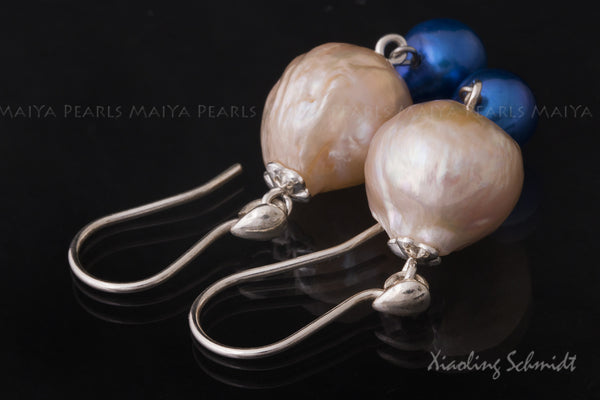 Earrings - Large AAA Peach Freshwater Pearl and Dyed Blue Pearl