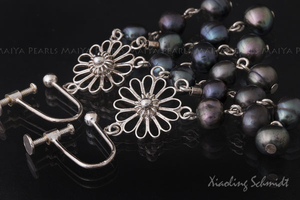 Earrings - Strings of Black Pearls & Sterling Silver Flower Settings