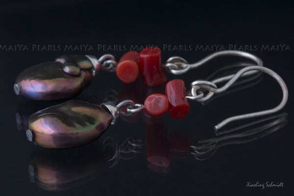 Earrings - Red Coral Earrings- Natural Red Coral Branch & High Lustre Purplish Brownish Black Coin / Flat Pearls