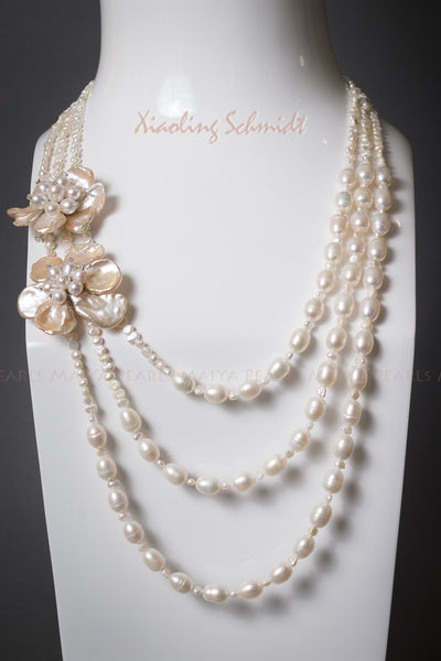 Necklace - 3-Strand White Freshwater Pearls with Keshi Peach Petal Flower Pendants